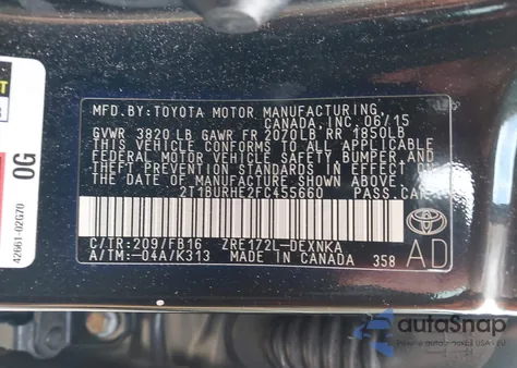 2015 Toyota Corolla L/Le/Le Pls/Prm/S/S Pls из США, поврежденный, VIN 2T1BURHE2FC455660